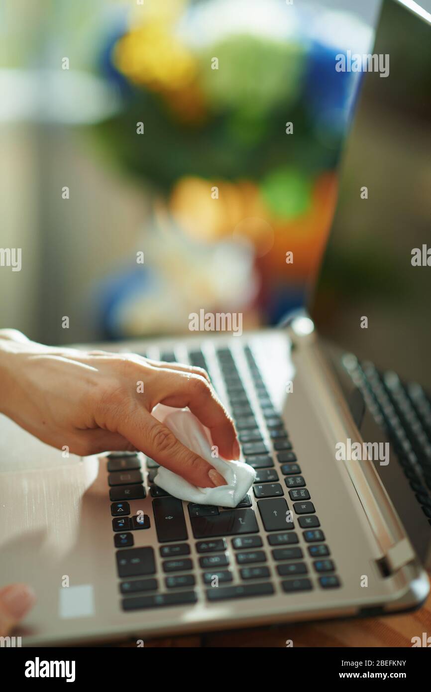 Primo piano sulla tastiera femminile del laptop con panno per pulizia a casa durante il giorno di sole. Foto Stock