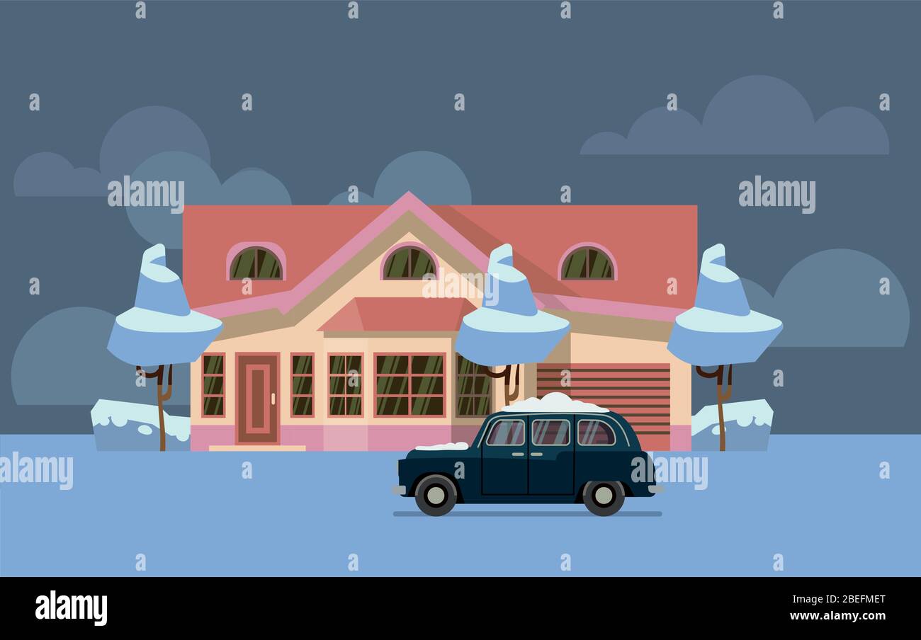 Inverno casa di campagna piatta vettore illustrazione. Casa rosa con vecchia auto coperta di neve. Casa di Natale Illustrazione Vettoriale