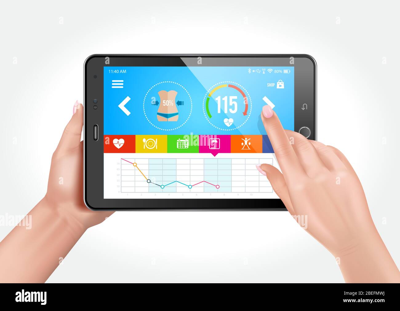 Design vettoriale che mostra le mani che tengono un tablet con un'app per il fitness per controllare uno stile di vita sano. Illustrazione Vettoriale