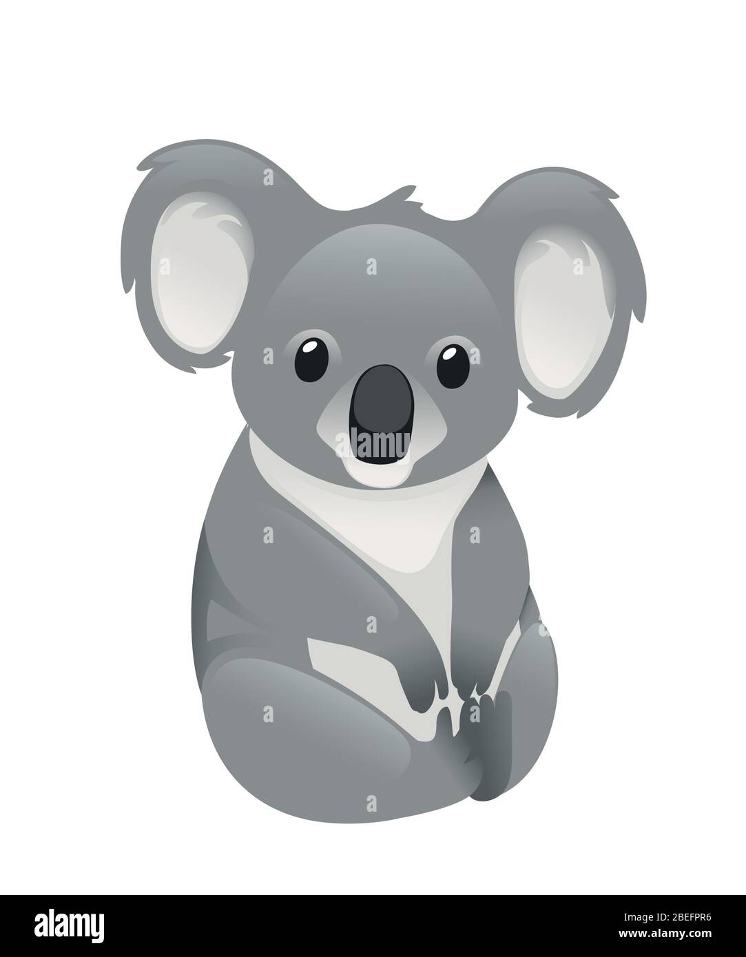 Simpatico orso koala grigio sedersi a terra e guardare in avanti foglie cartoon animale disegno piano vettore illustrazione isolato su sfondo bianco Illustrazione Vettoriale