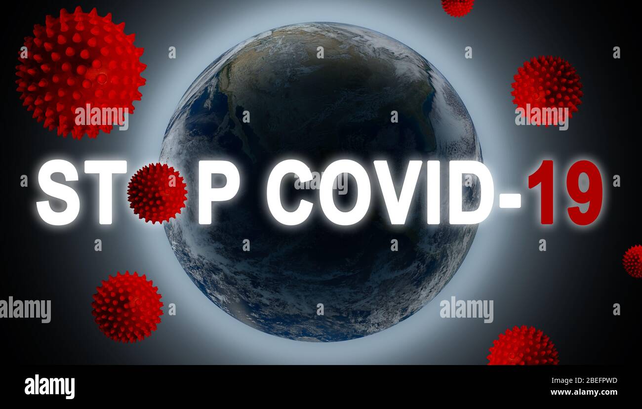 Stop Covid-19 coronavirus su retroilluminato pianeta terra concetto di virus che attacca il mondo. Elementi di questa immagine forniti dalla NASA. Foto Stock