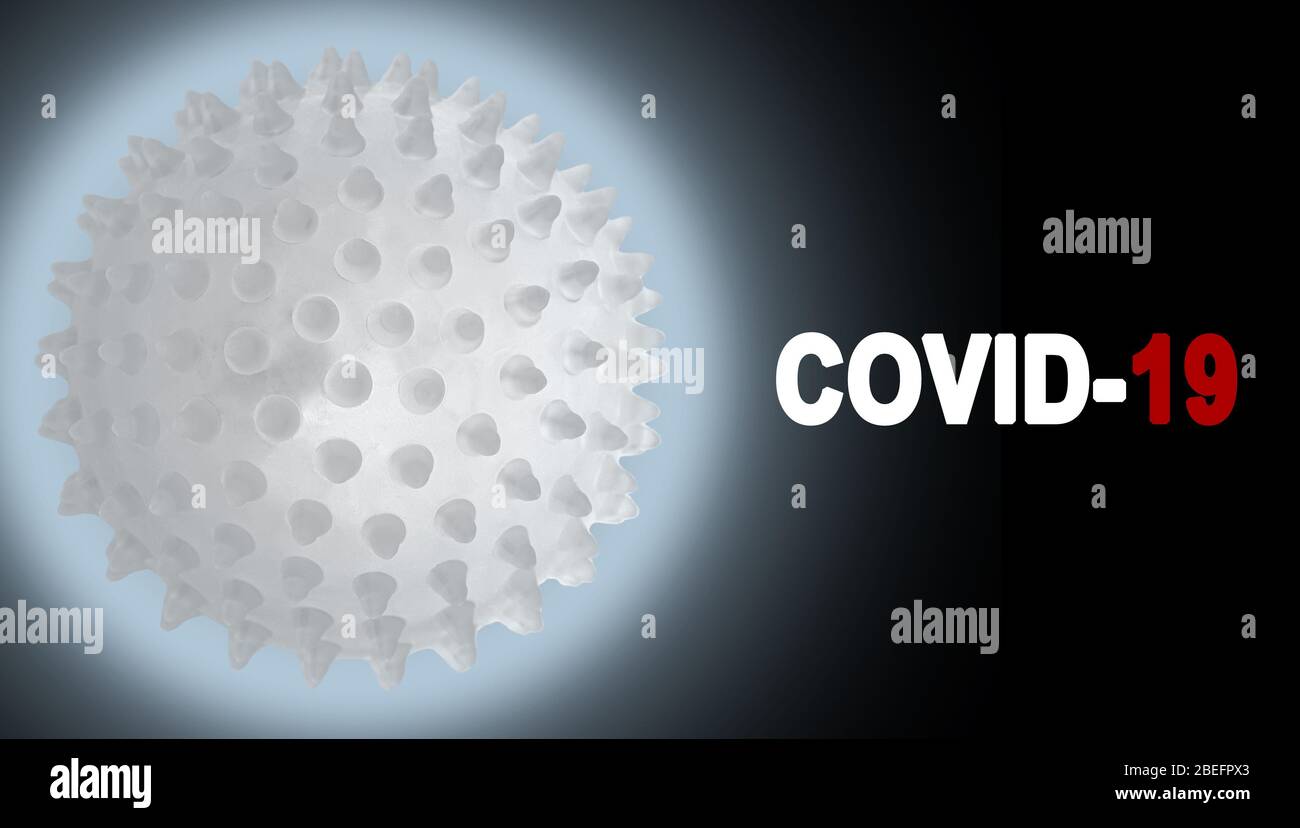 Cella di coronavirus Covid-19 luminosa retroilluminata su sfondo nero. Foto Stock