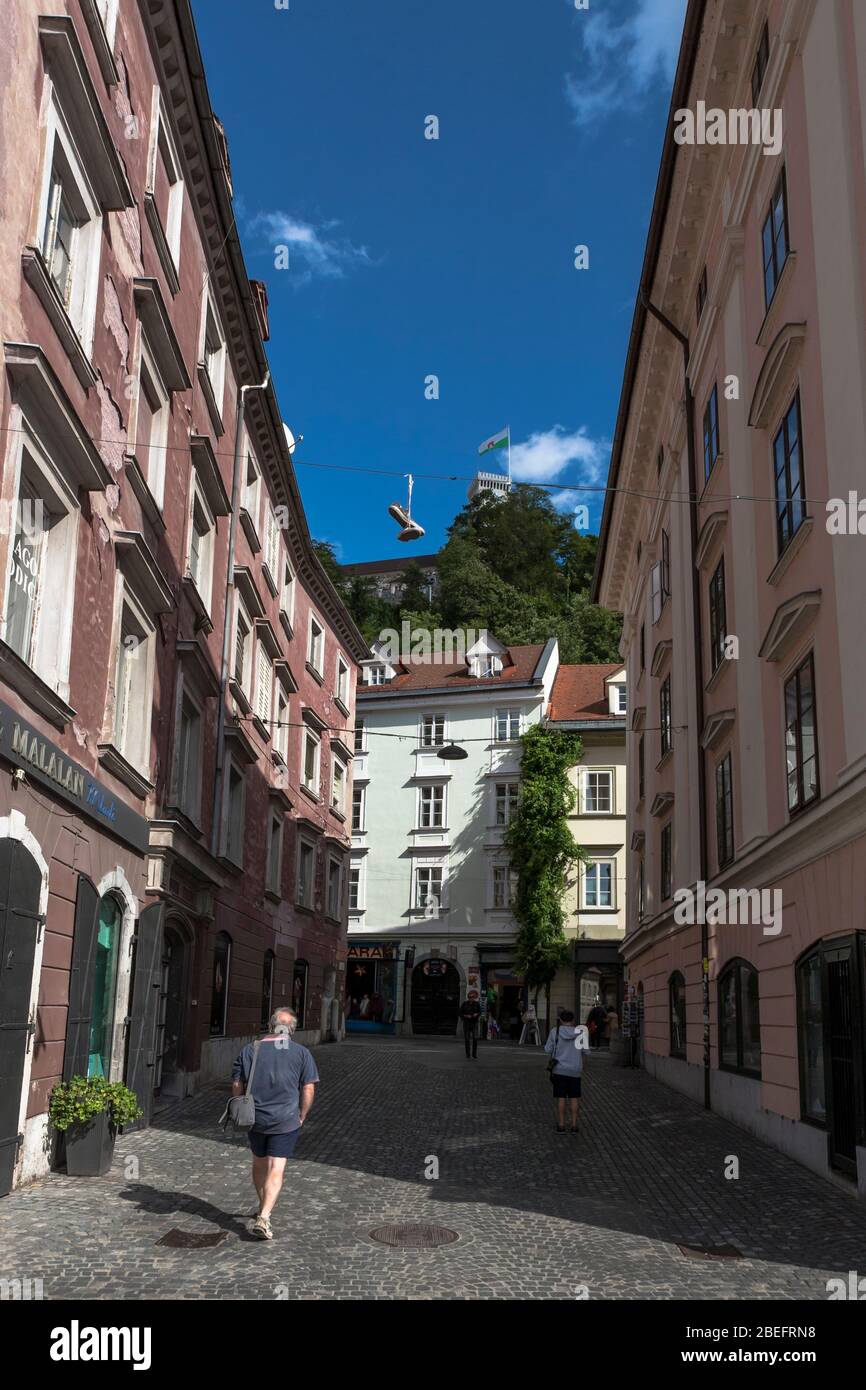 Pod Trančo, con il Castello sopra, Lubiana, Slovenia Foto Stock