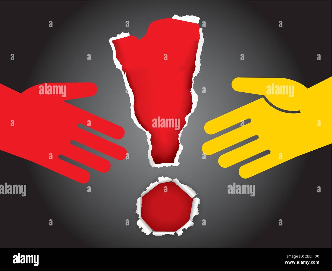 Non agitare le mani, pericolo di infezione da virus. Lubro di carta strappata con icone delle mani e punto esclamativo rosso . Vettore disponibile. Illustrazione Vettoriale