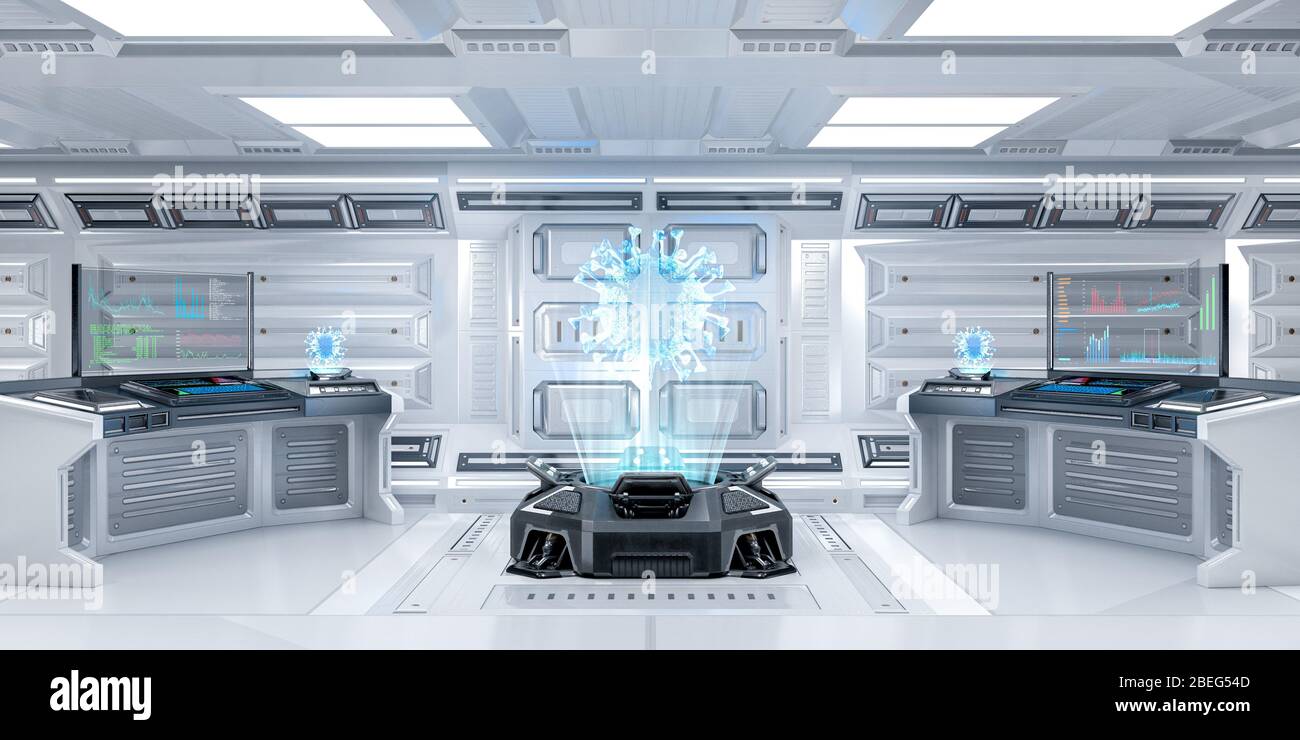 Futuristic Sci-Fi Research room Interior con macchina ologramma che presenta Coronavirus o Covid-19, rendering 3D Foto Stock