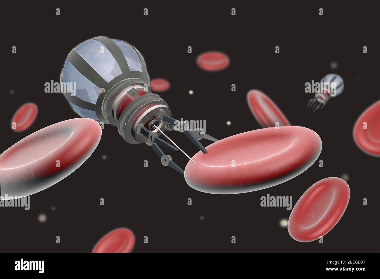 Globuli rossi e nanobot, illustrazione Foto Stock