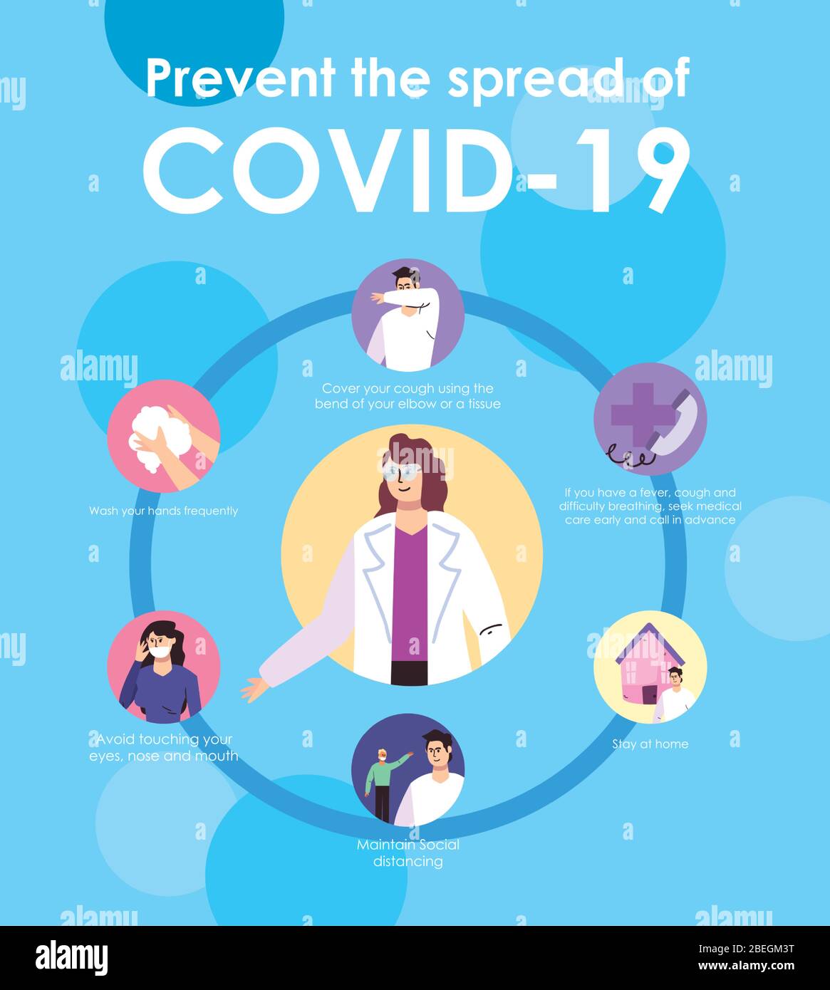 Disegno di prevenzione la diffusione di covid 19, persone che prendono precauzioni del coronavirus su sfondo blu, disegno colorato, illustrazione vettoriale Illustrazione Vettoriale