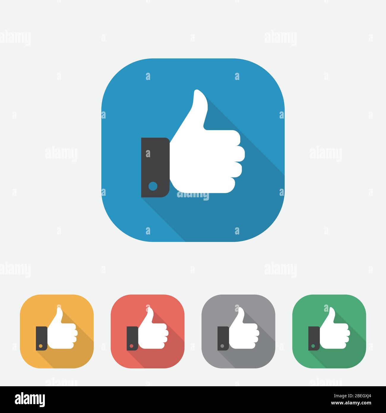 Pulsante icona a forma di mano colorata in alto, come simbolo, icona a forma di pollice quadrato in alto icone a forma di piatto con ombre lunghe, app, UI, UX Illustrazione Vettoriale