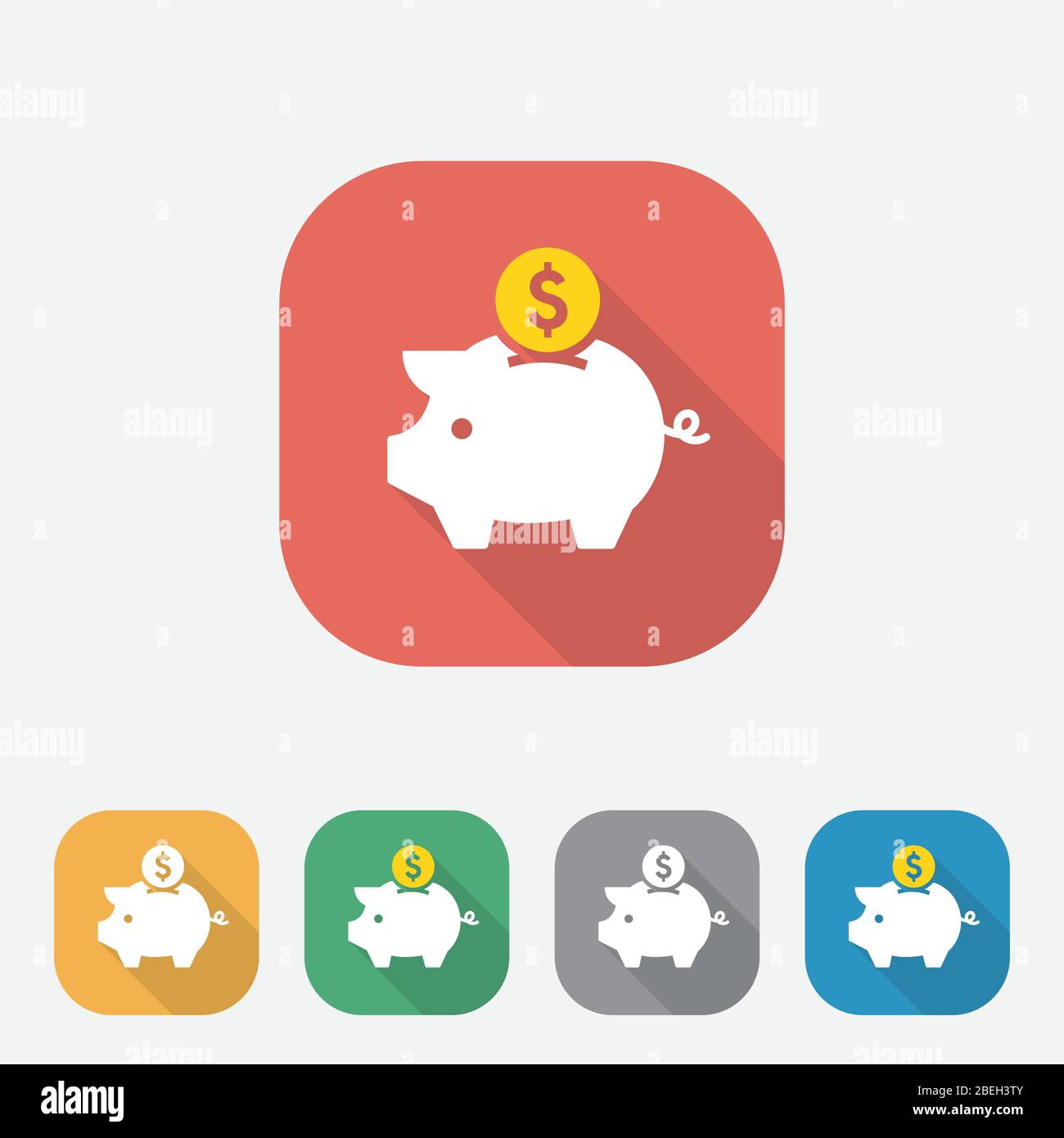 Piggy bank trendy con disegno icona a forma di moneta con ombre lunghe, risparmio di icone o accumulo di denaro, investimento, pulsante quadrato colorato per sito web, app, UI, UX, eps10 Illustrazione Vettoriale