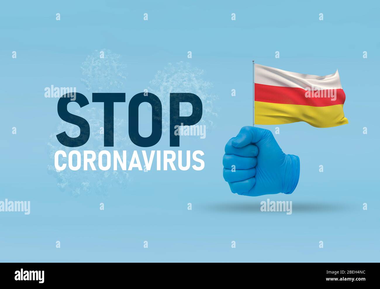 COVID-19 Visual Concept - Hand-text Stop Coronavirus, Hand-Gesture versus virus infection, clenched pugno tiene bandiera dell'Ossezia del Sud. Pandemico 3D Foto Stock