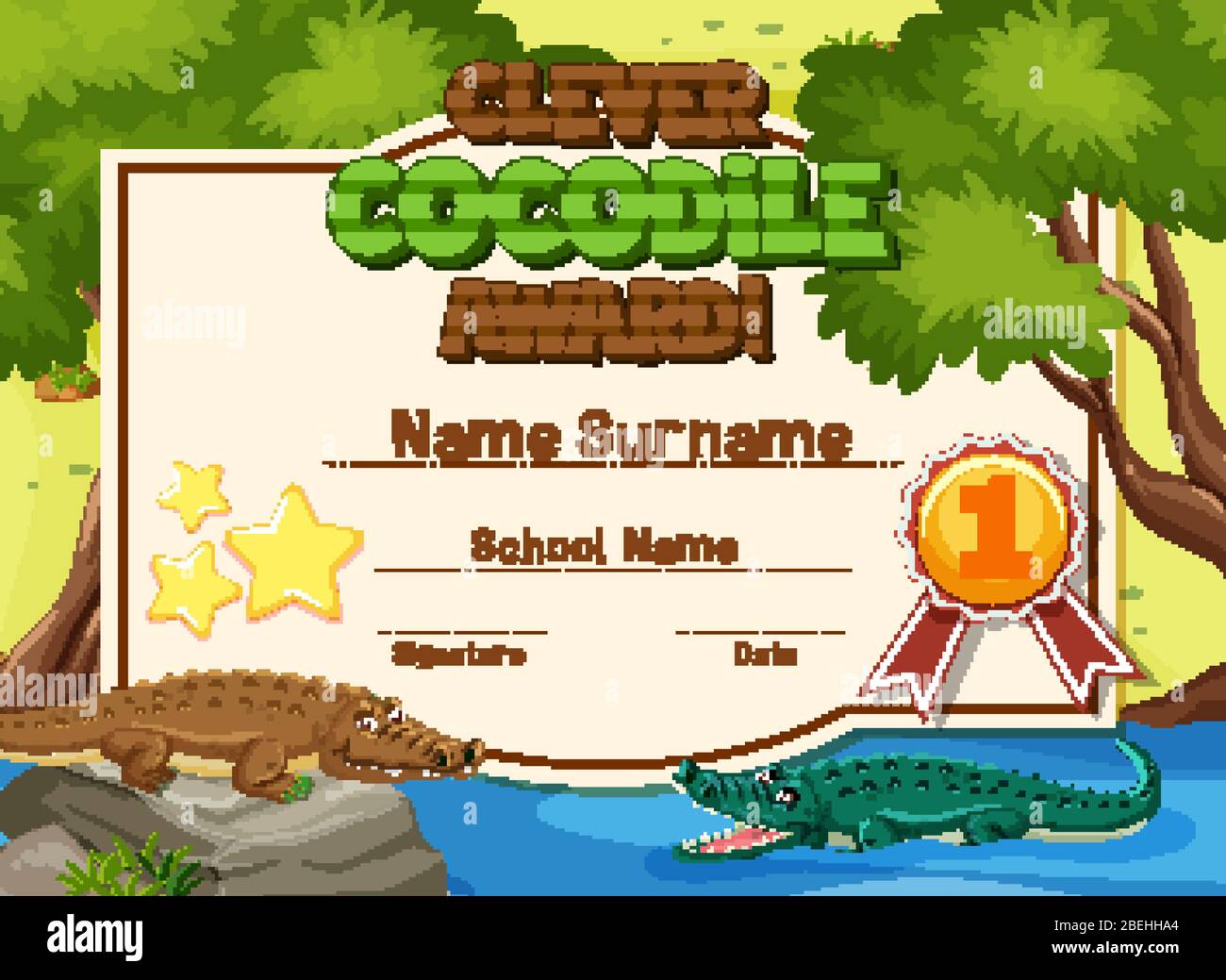 Modello certificato design intelligente coccodrillo premio con coccodrilli nel fiume illustrazione Illustrazione Vettoriale