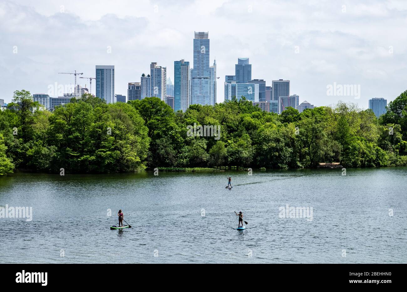 Splendida giornata ad Austin, Texas, con paddle Boarders che si godono Lady Bird Lake Foto Stock