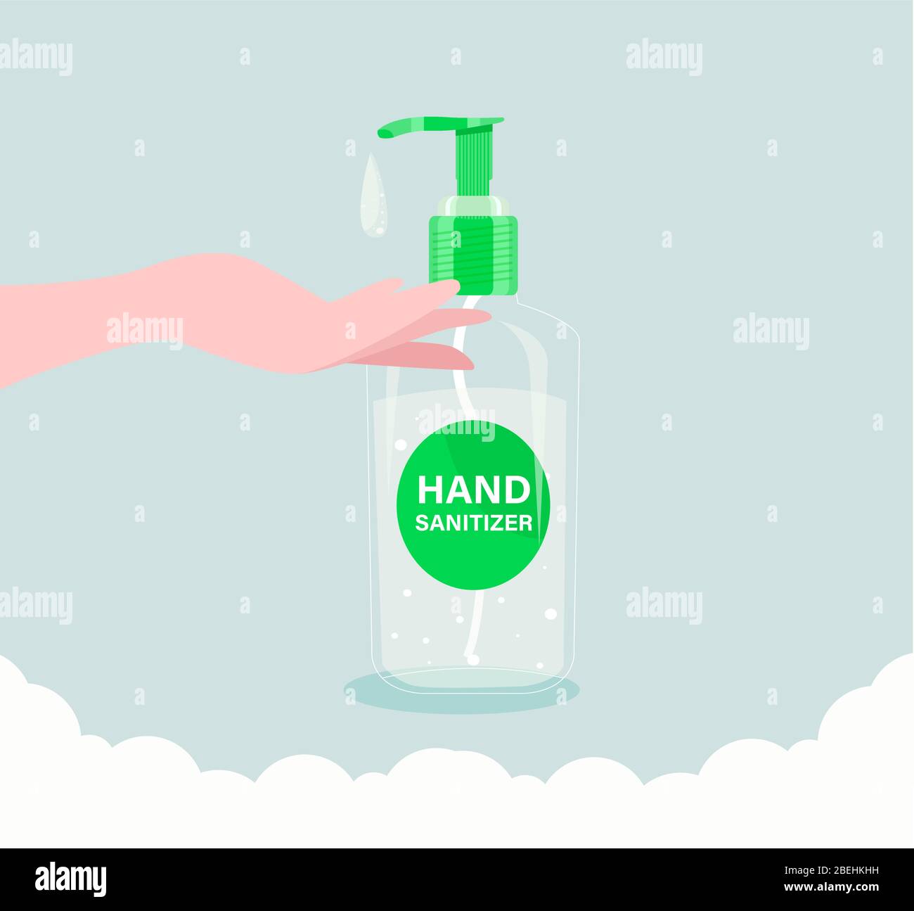 Concetto di disinfezione. Sapone liquido con pompaggio dal flacone. Applicazione di un igienizzante idratante. Mani lavate. Illustrazione Vettoriale