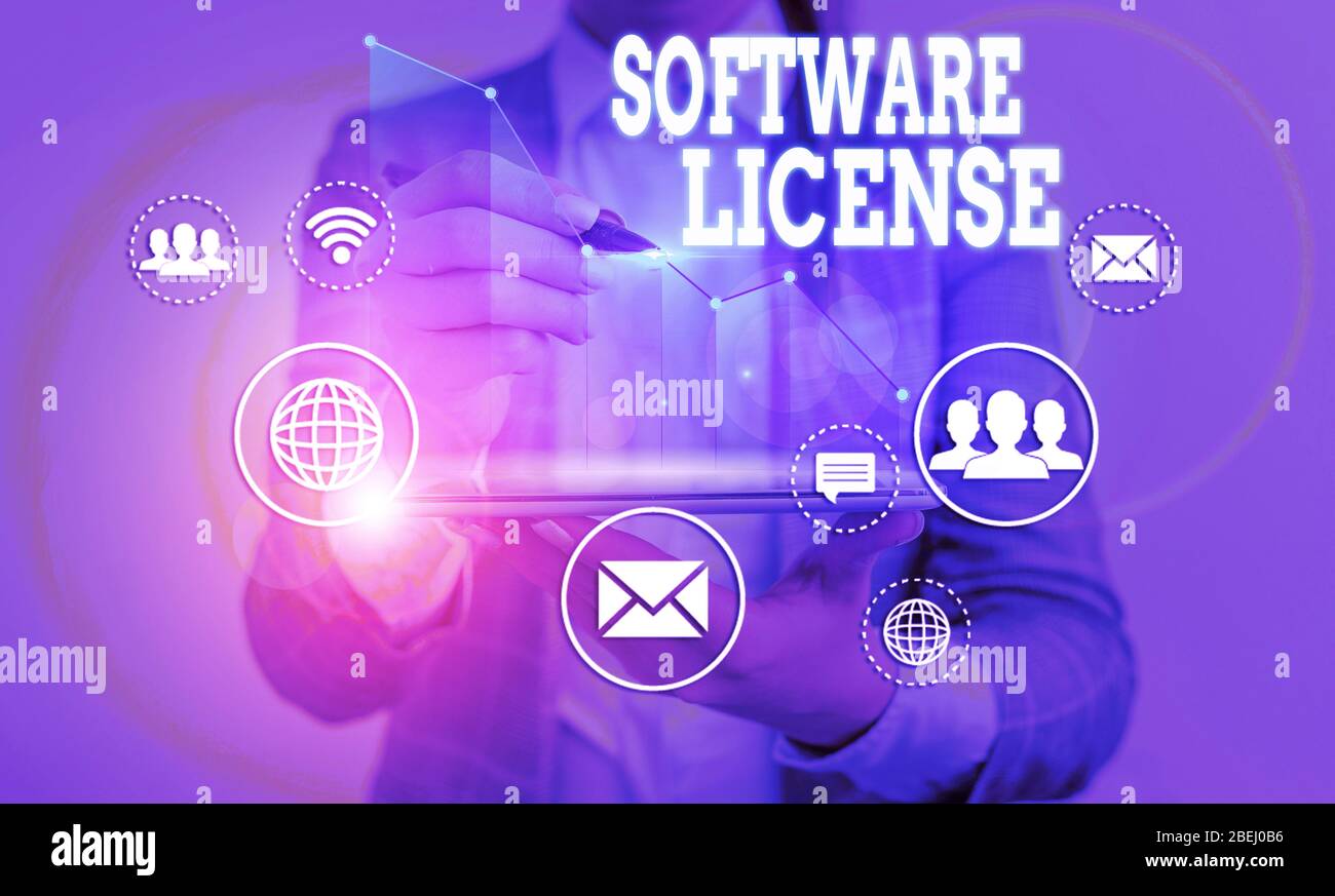 Licenza software per scrittura di testi. Fotografia aziendale che mostra lo strumento legale che regola la ridistribuzione del software Foto Stock