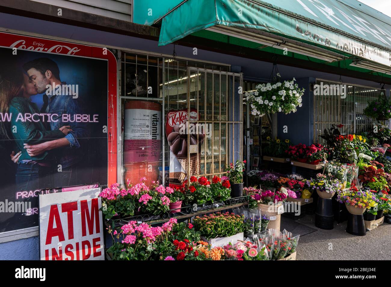 BURNABY, CANADA - 19 GIUGNO 2019: vista della strada di splendidi fiori colorati nel negozio di fiori. Foto Stock