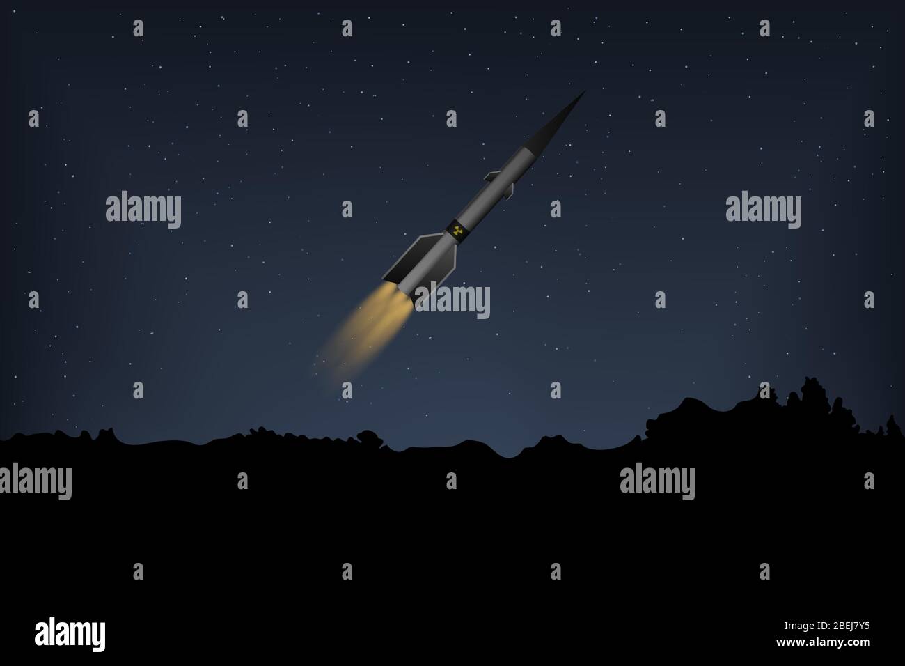 Un missile nucleare vola nel cielo notturno. Illustrazione vettoriale. Guerra di tecnologia. Illustrazione Vettoriale