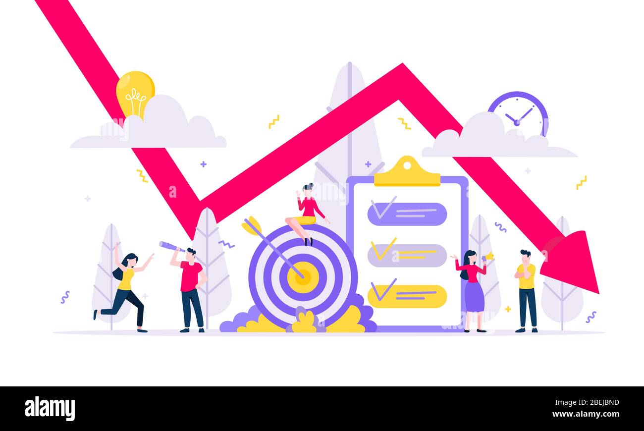Fallimento o crisi finanziaria mondiale recessione economica. Freccia rossa che cade con la gente minuscola. Che perde il profitto nel business flat design vect Illustrazione Vettoriale