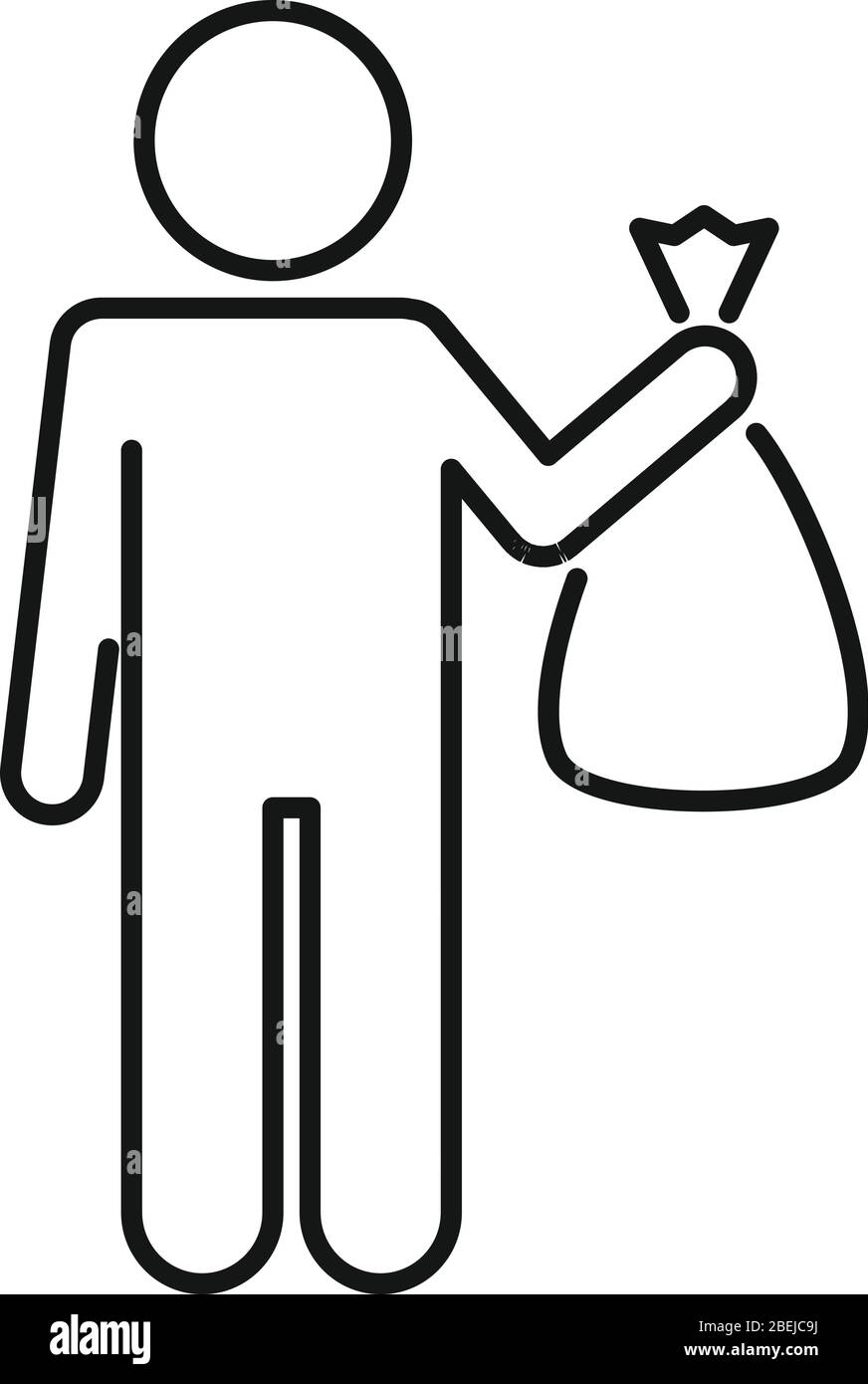 Uomo prendere l'icona del sacchetto dei rifiuti. Contorno uomo prendere spazzatura sacco vettore icona per il web design isolato su sfondo bianco Illustrazione Vettoriale