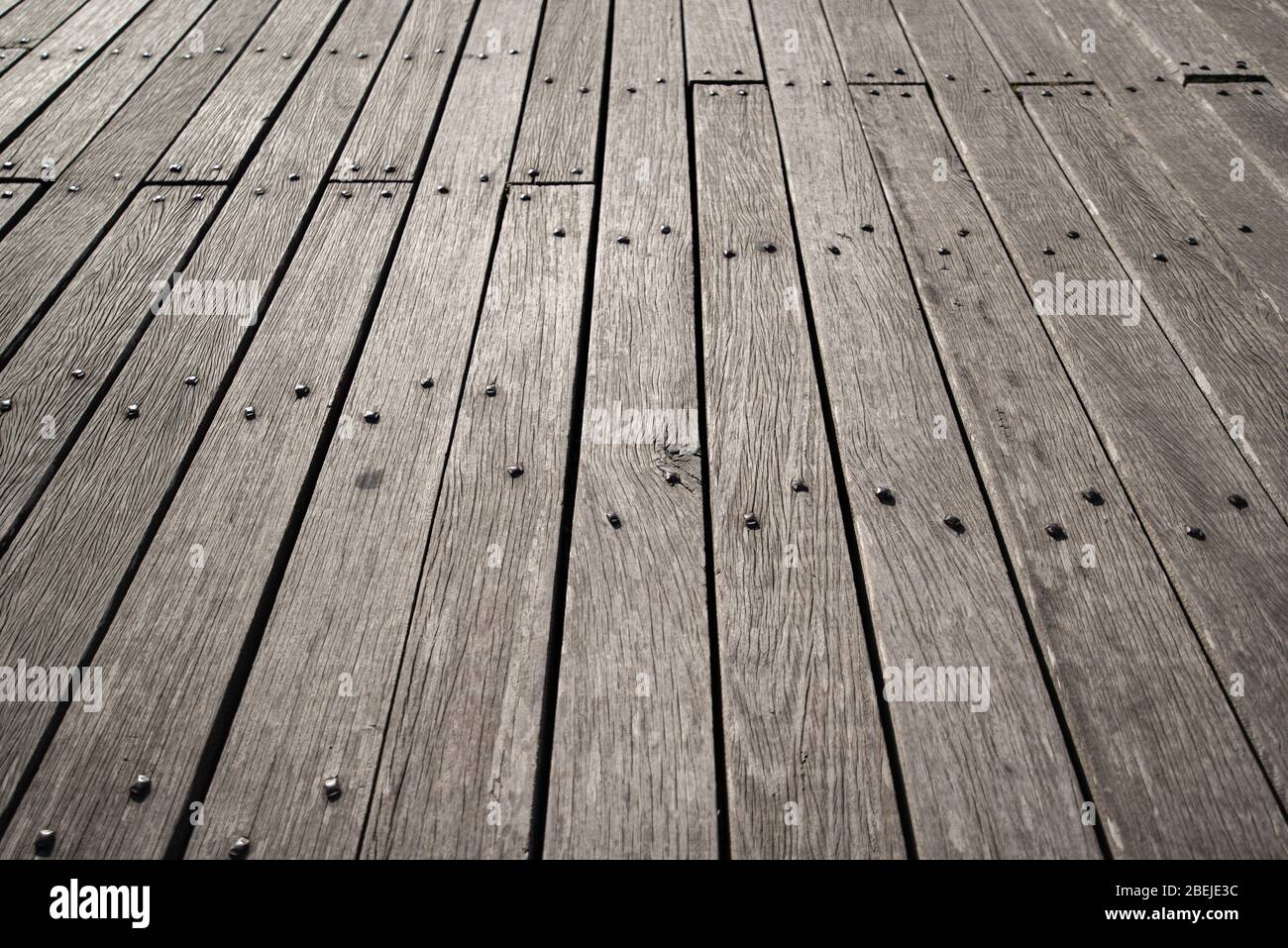 Pavimento in legno, pianale di base. Vecchi assi di legno grigio con rivetti forgiati in ferro. Un concetto di sfondo perfetto per il design. Foto Stock