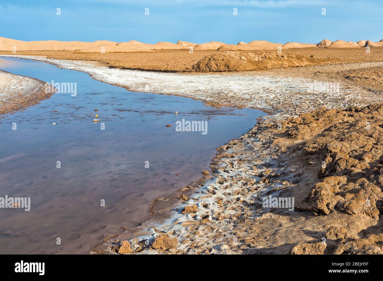Flusso che scorre attraverso il deserto di Dasht-e Lut, il luogo più caldo del mondo, la provincia di Kerman, l'Iran Foto Stock