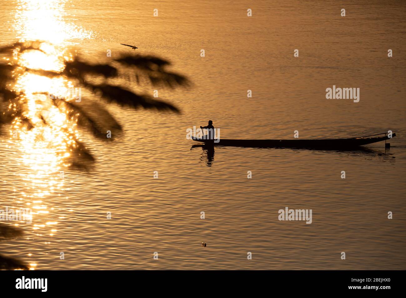 Fisherman sul fiume Mekong al tramonto Foto Stock