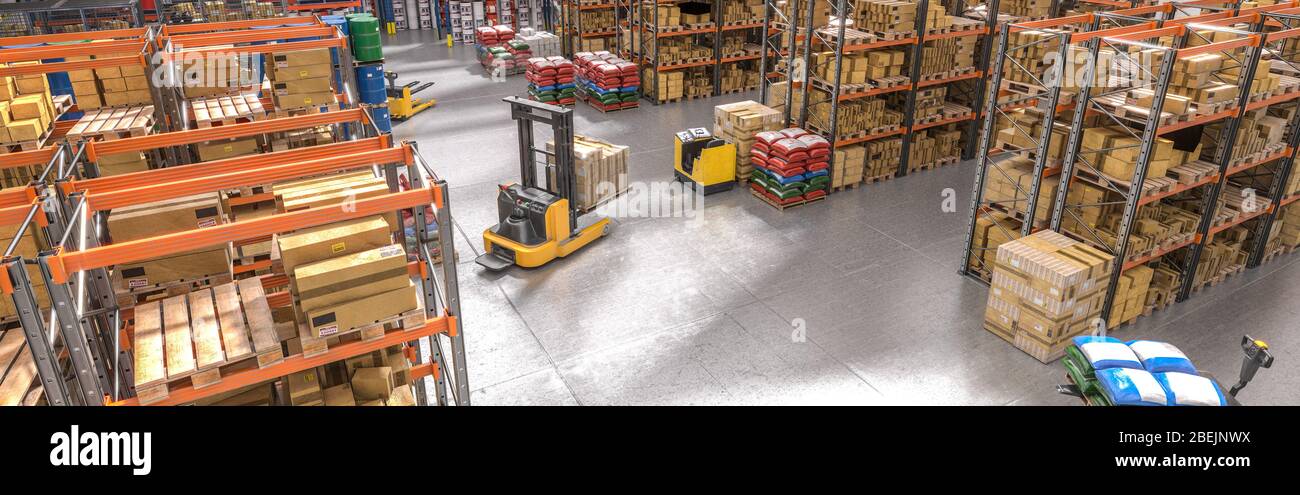 interno di un magazzino con scaffali e merci, macchine di sollevamento in azione. rendering 3d. concetto di settore e logistica. formato orizzontale. Foto Stock