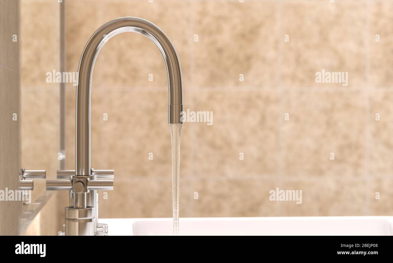 dettaglio di un moderno rubinetto in un bagno da cui scorre l'acqua. fuoco selettivo. rendering 3d. Foto Stock