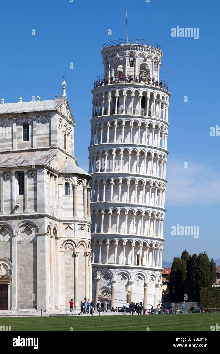 Pisa, Italia - Marzo 31 2019: La Torre Pendente di Pisa è il campanile della Cattedrale di Pisa. Foto Stock