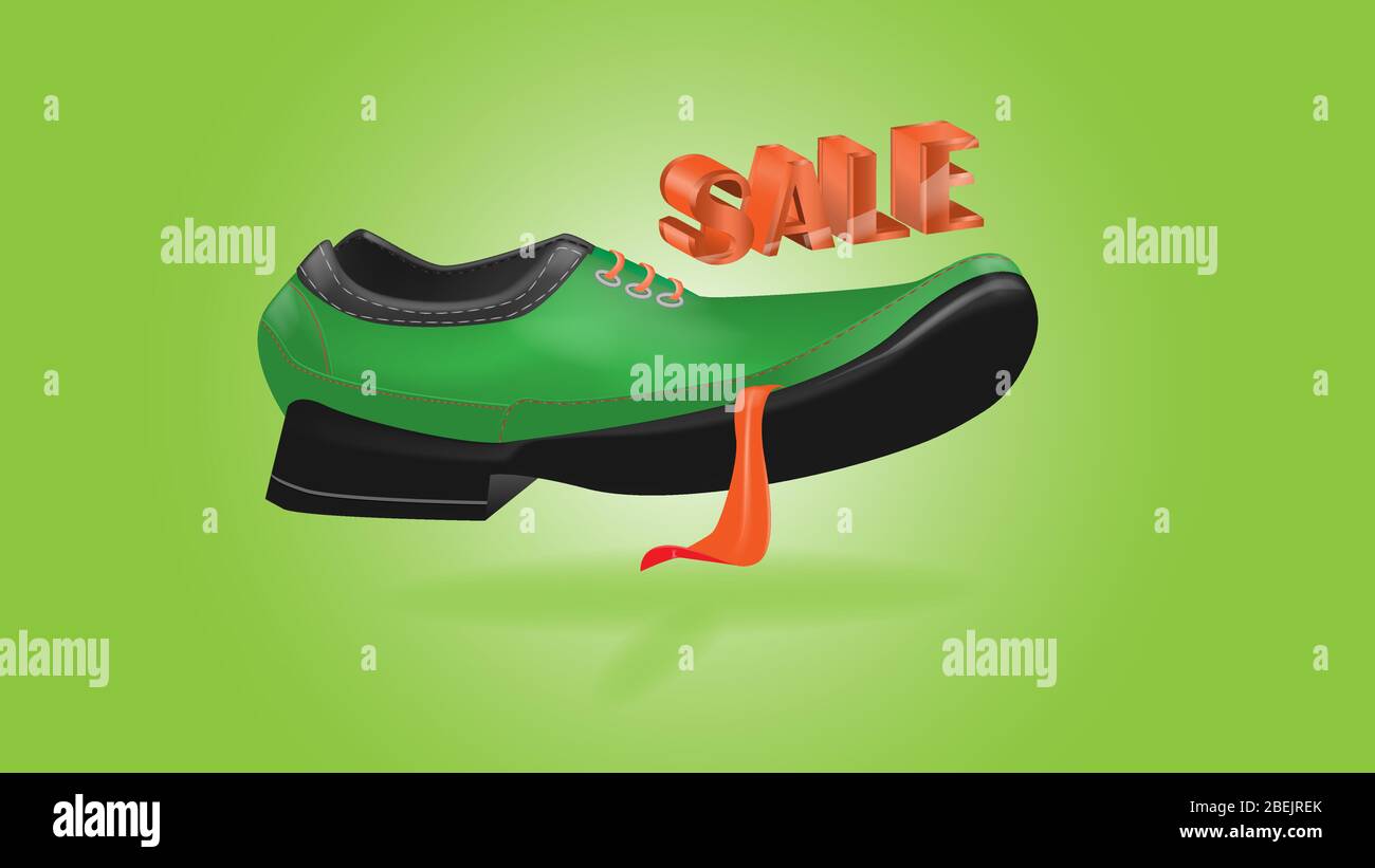 Banner pubblicitario con una scarpa verde divertente cartoon. Scarpe vivaci con una lunga lingua. Le scarpe sono un cane. Illustrazione Vettoriale