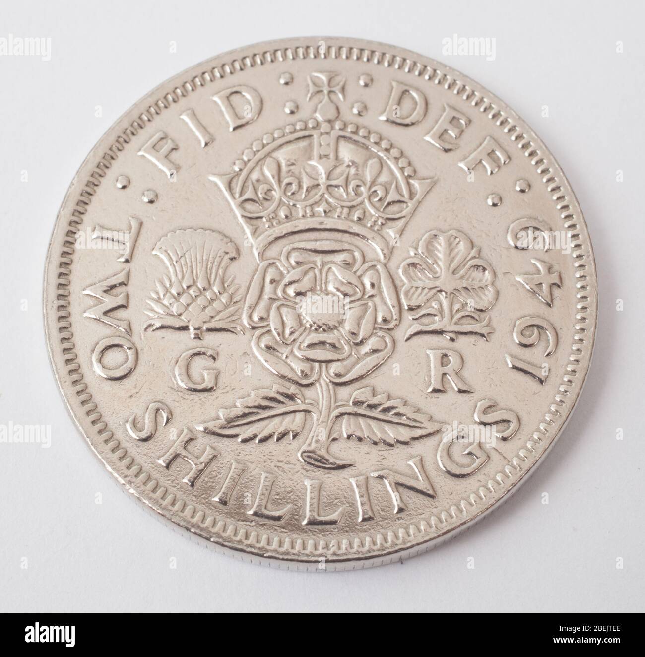 Una moneta inglese a due shilling datata 1949 in condizioni non circolate Foto Stock