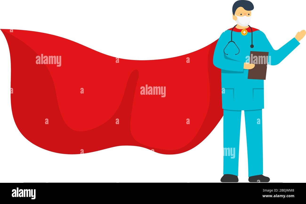 Super eroe medico maschile in protezione maschera di protezione indossando rosso super eroe mantello isolato su sfondo bianco. Flat vettore cartoon personaggio uomo di eroico duro lavoro professione medica eps illustrazione Illustrazione Vettoriale