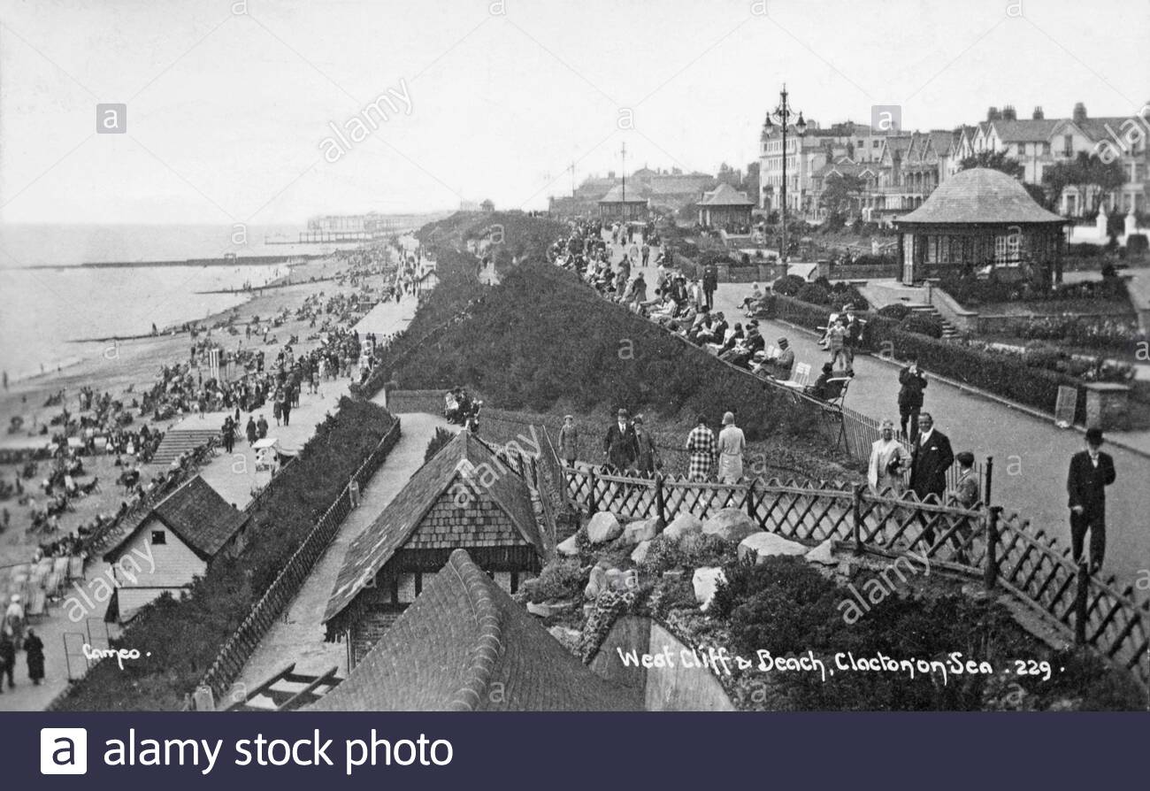 West Cliff and Beach, Clacton-on-Sea, cartolina d'epoca del 1934 Foto Stock