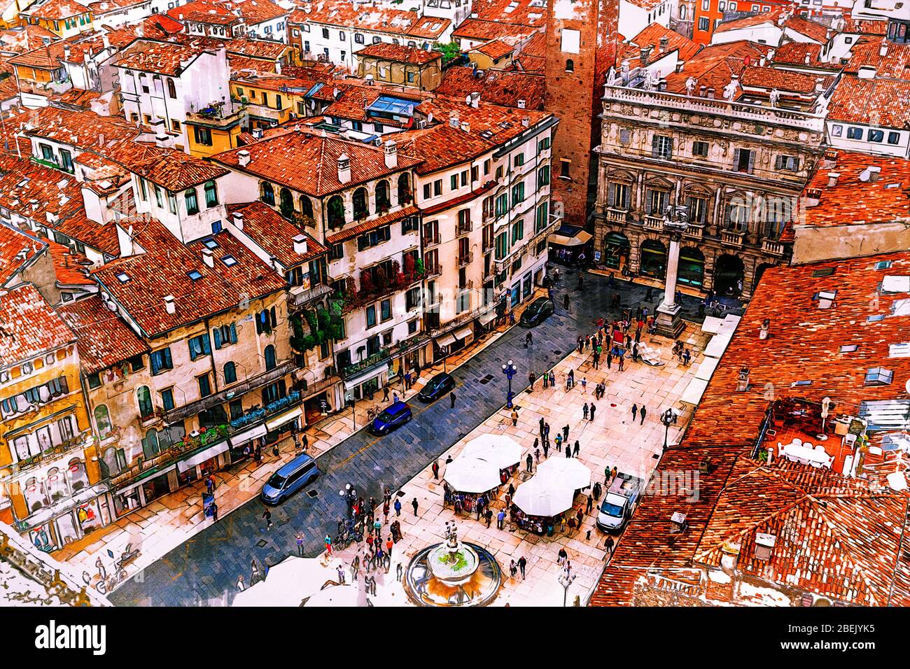 Veduta aerea di Piazza delle Erbe da Torre dei Lamberti. Verona, Italia. Acquarelle illustrazione dello stile di schizzo. Foto Stock