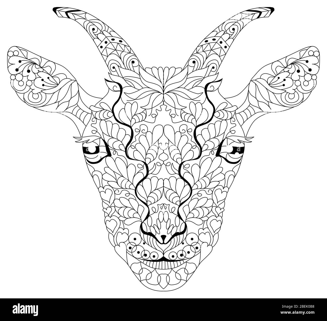 Testa di capra Zentangle. Illustrazione vettoriale decorativa disegnata a mano per la colorazione Illustrazione Vettoriale