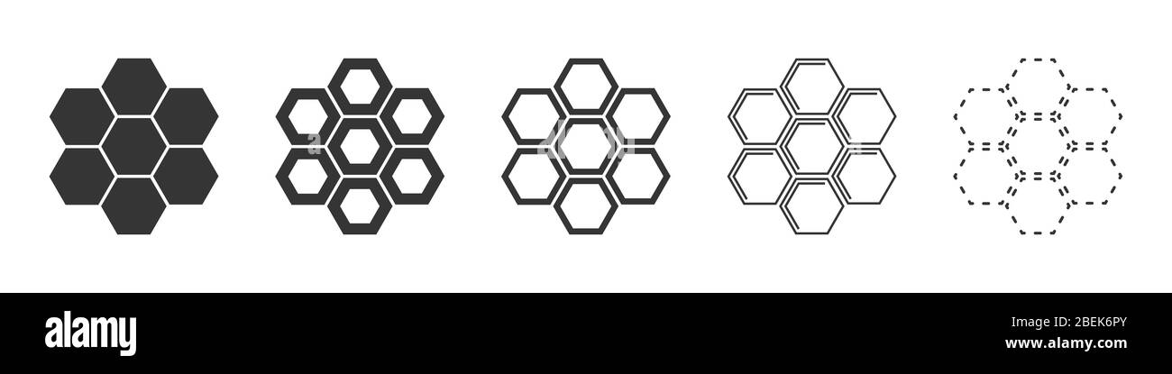 Set di icone a nido d'ape. Set di icone lineari a nido d'ape. Illustrazione vettoriale. Icone del vettore di cella isolate. Illustrazione Vettoriale