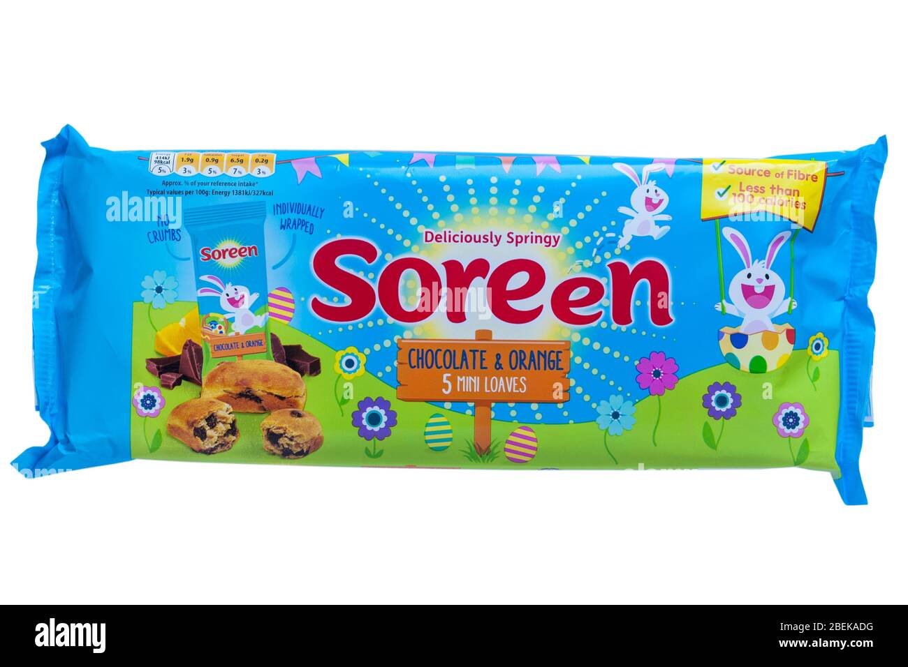 Soreen deliziosamente primavera cioccolato e arancio 5 mini pagnotte confezionati singolarmente isolato su sfondo bianco - pronto per Pasqua Foto Stock