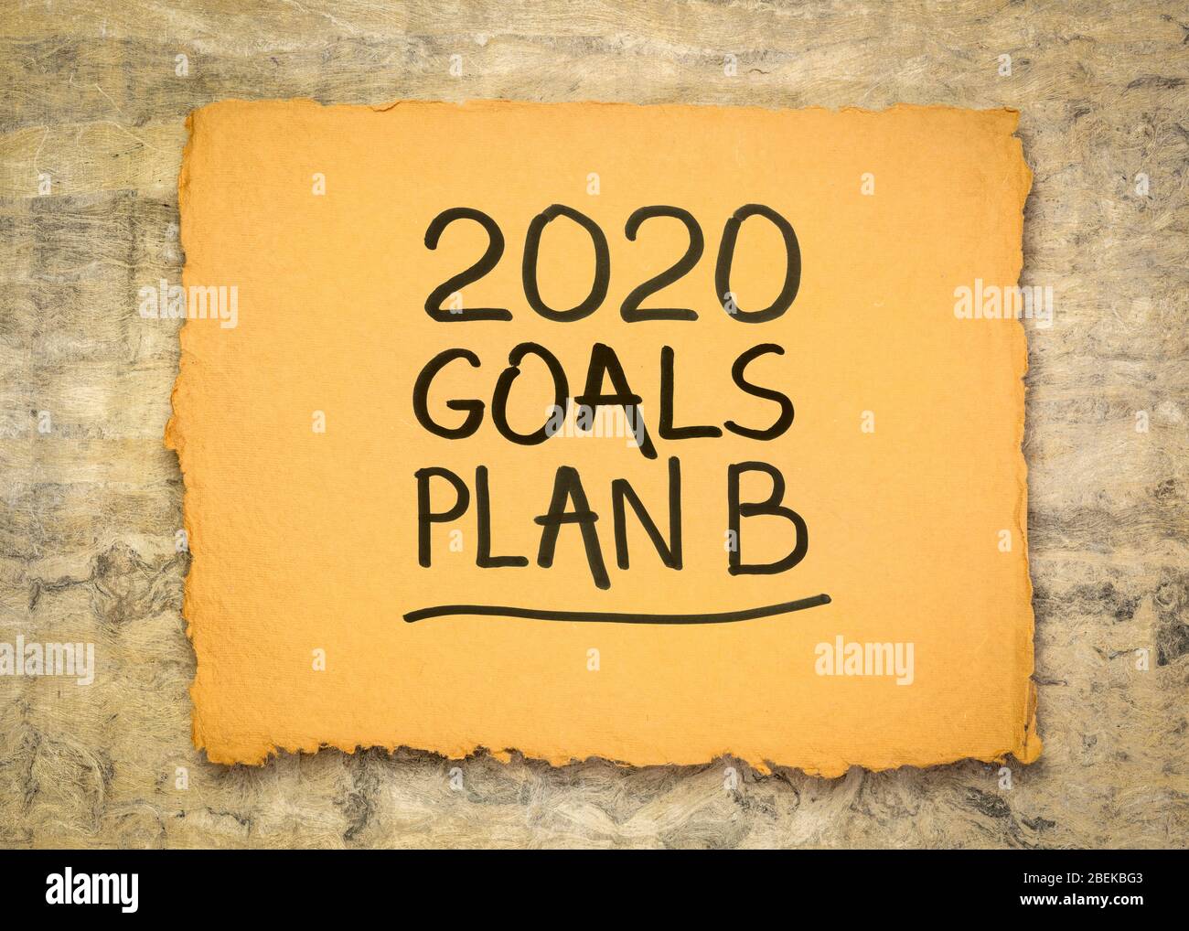 2020 obiettivi piano B - cambiamento di business e piani personali per 2020 coronavirus pandemia e recessione di mercato, scrittura a mano su una carta grezza fatto a mano Foto Stock
