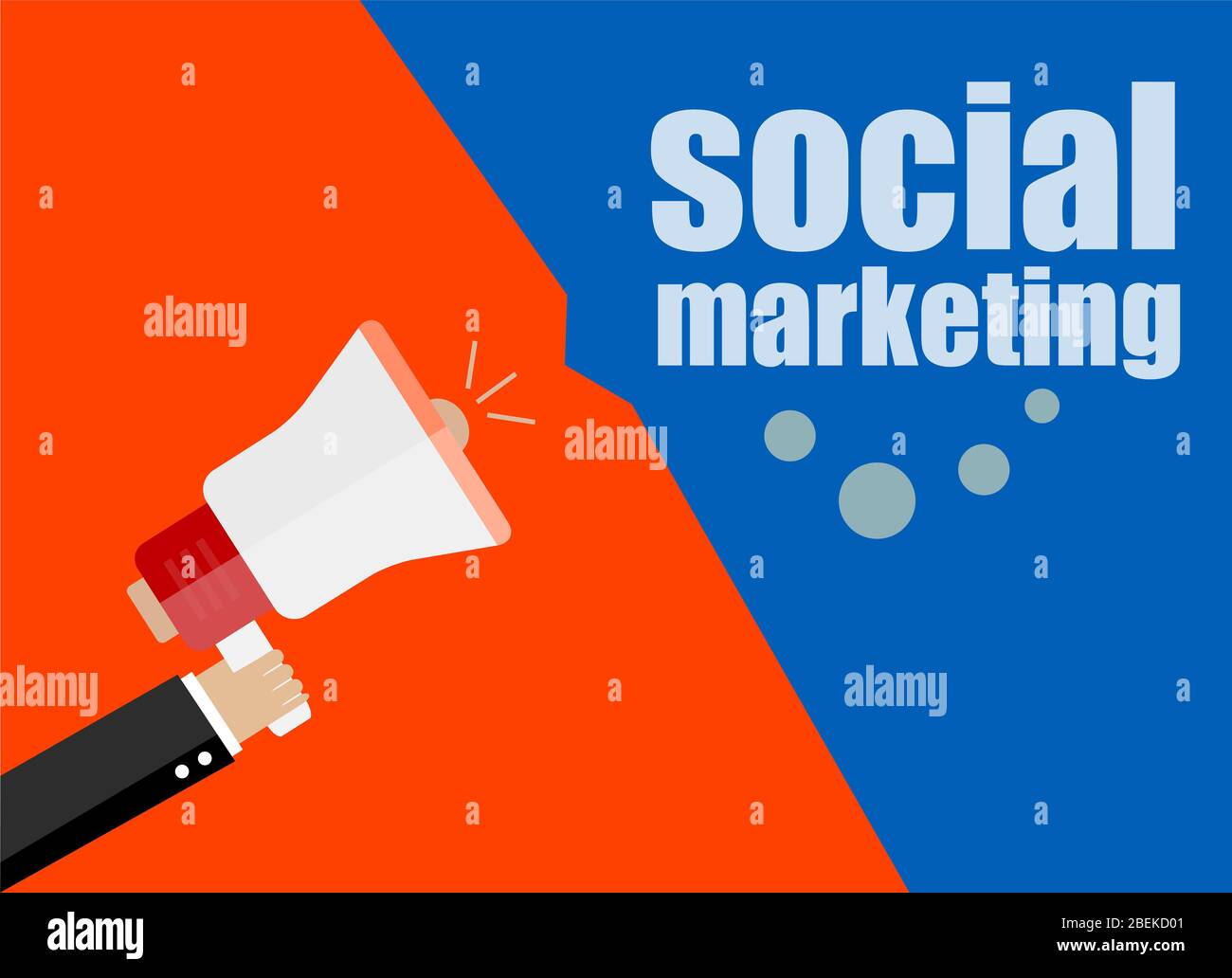 flat design business concept. social marketing. Uomo d'affari di marketing digitale che tiene megaphone per il Web site e banner di promozione. Foto Stock