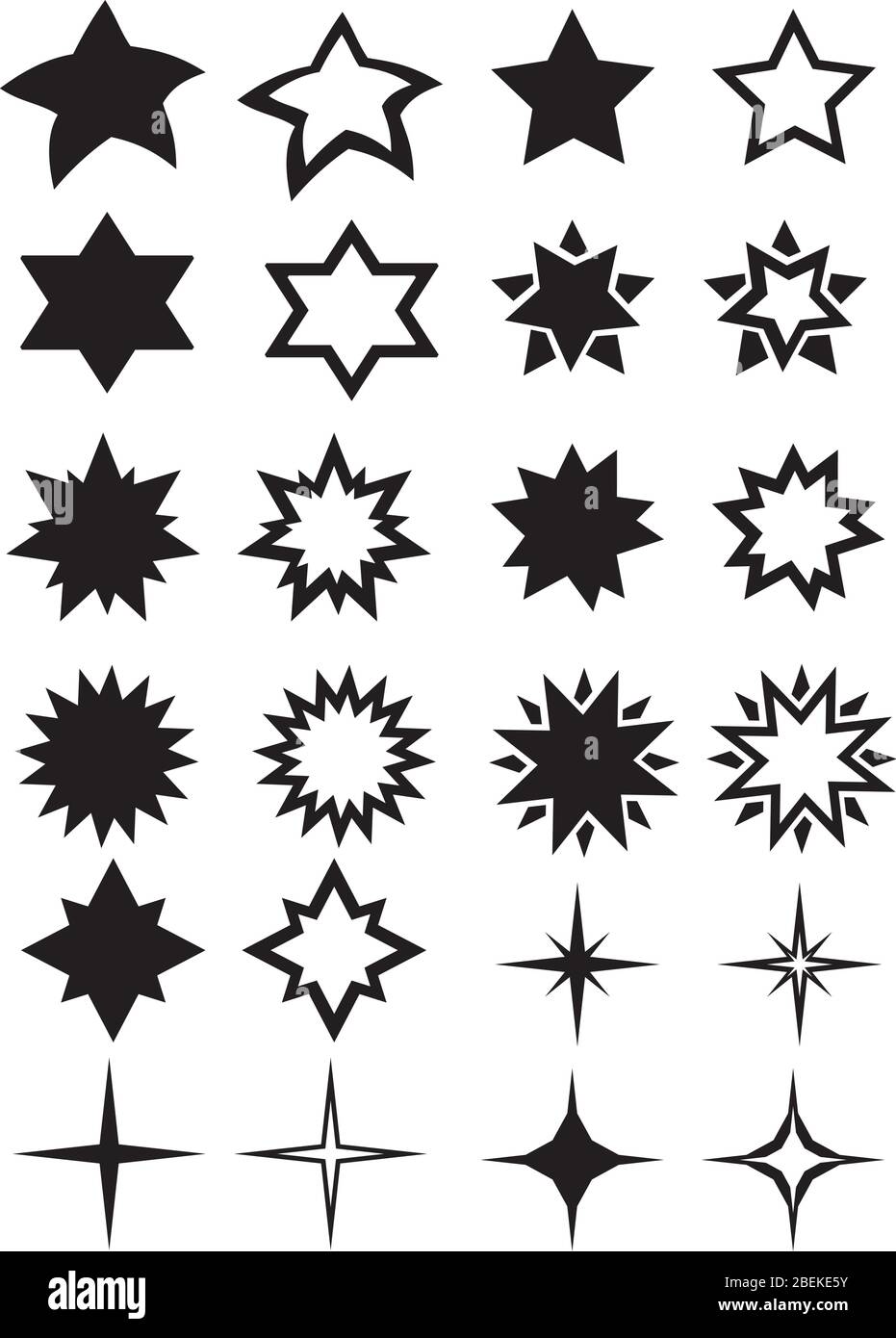 Raccolta di forme poligonali a stella nera in diversi disegni isolati su illustrazioni vettoriali bianche Illustrazione Vettoriale