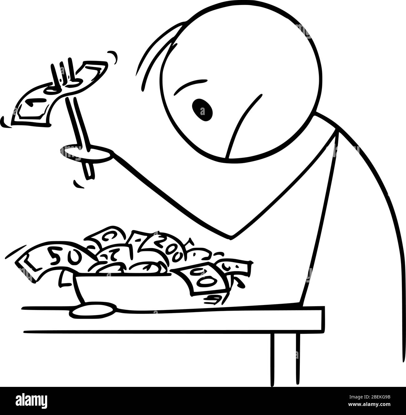 Figura del bastone del cartoon del vettore che disegnano l'illustrazione concettuale dell'uomo ricco o dell'uomo d'affari con contanti sul piatto, provante a mangiare i soldi durante la crisi e la mancanza di alimento. Illustrazione Vettoriale