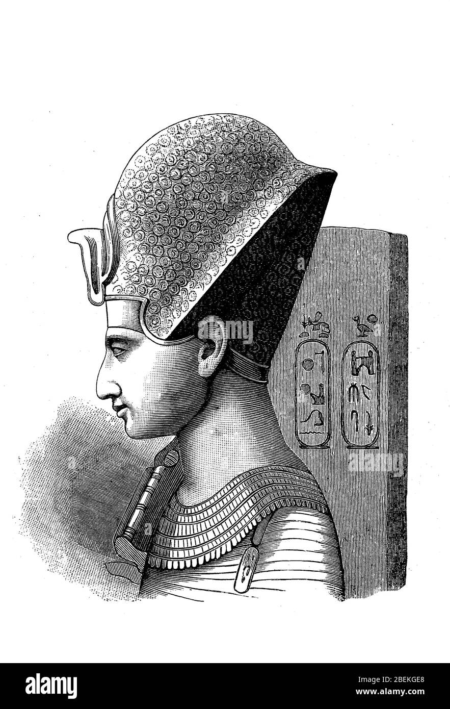 Capo della statua ritratto di Ramses, Ramses II, chiamata anche Rameses il Grande, 1303 a.C.; - 1213 a.C., fu il terzo antico re egiziano, Faraone, della diciannovesima dinastia del nuovo Regno. Regnò circa 66 anni dal 1279 al 1213 a.C. / Kopf der Porträtstatue von Ramses, Ramses II., auch Ramses der Große genannt, 1303 v. Chr.; - 1213 v. Chr., war der dritte altägyptische König, Pharao, aus der 19. Dynastie des Neuen Reichs. Er regierte rund 66 Jahre von 1279 bis 1213 v. Chr', Historiisch, riproduzione digitale migliorata di un originale del 19 ° secolo / digitale Reproduktion einer origine Foto Stock