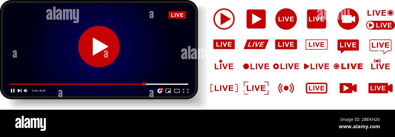 Progettazione di modelli di lettore video. Finestra di riproduzione live, lettore. Concetto di social media. Illustrazione vettoriale. EPS 10 Illustrazione Vettoriale