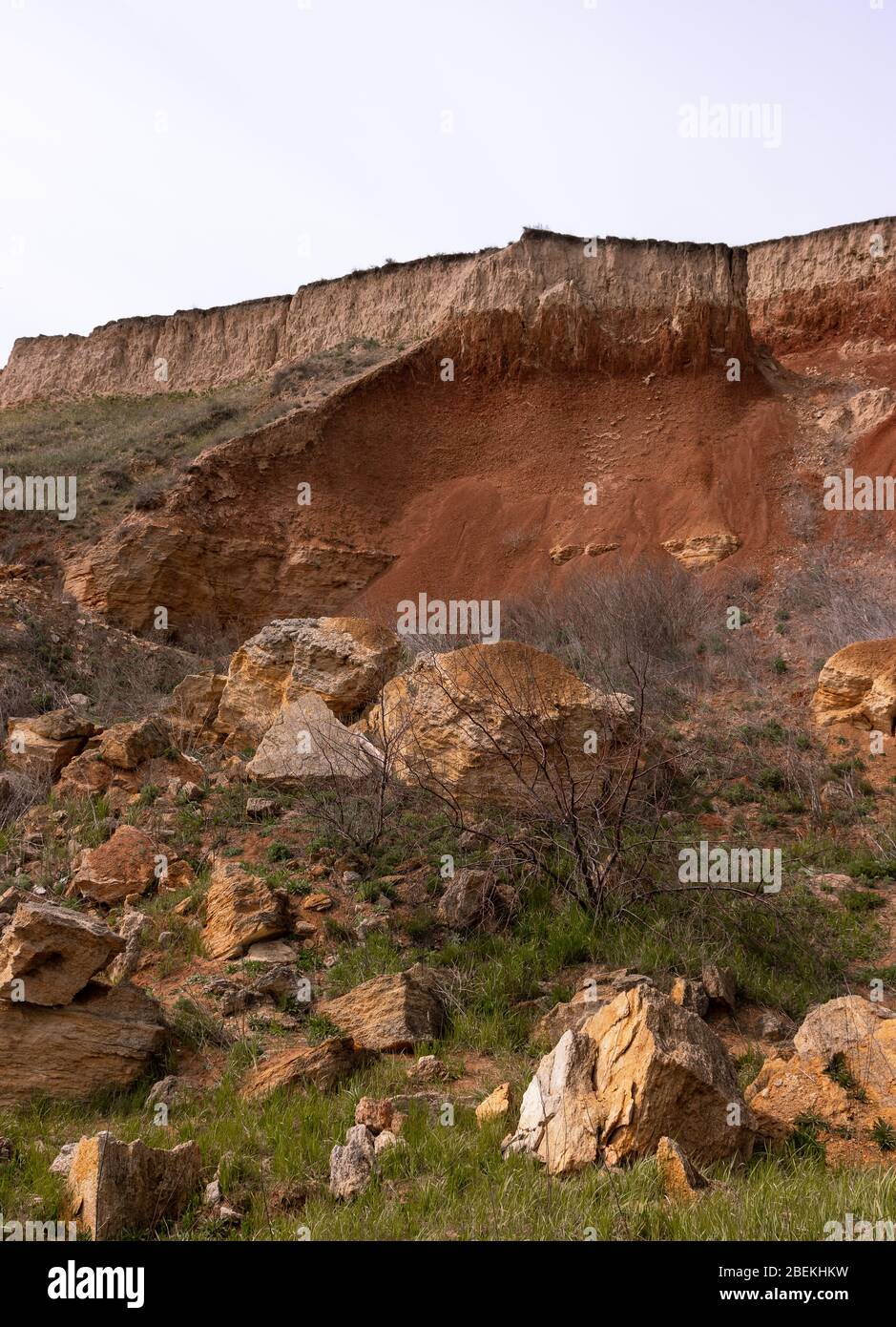 Costa tipica della parte settentrionale della costa del Mar Nero con processi di frana. Conchiglia roccia. Struttura geologica del suolo. Verticale p Foto Stock