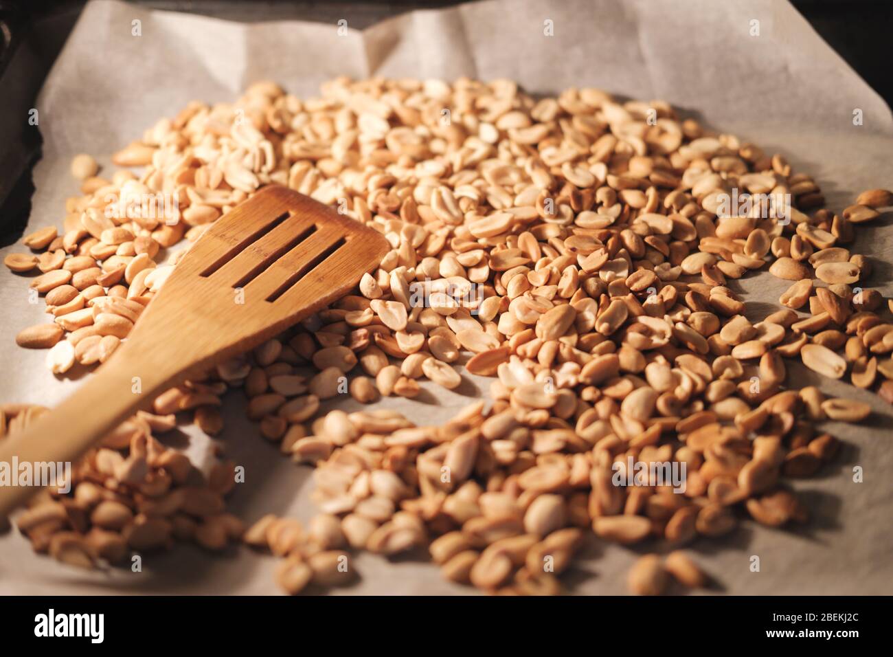 I fagioli di arachide sono fritti su foglio di cottura e carta pergamena nel forno. Preparazione per preparare il burro di arachidi fatto in casa Foto Stock