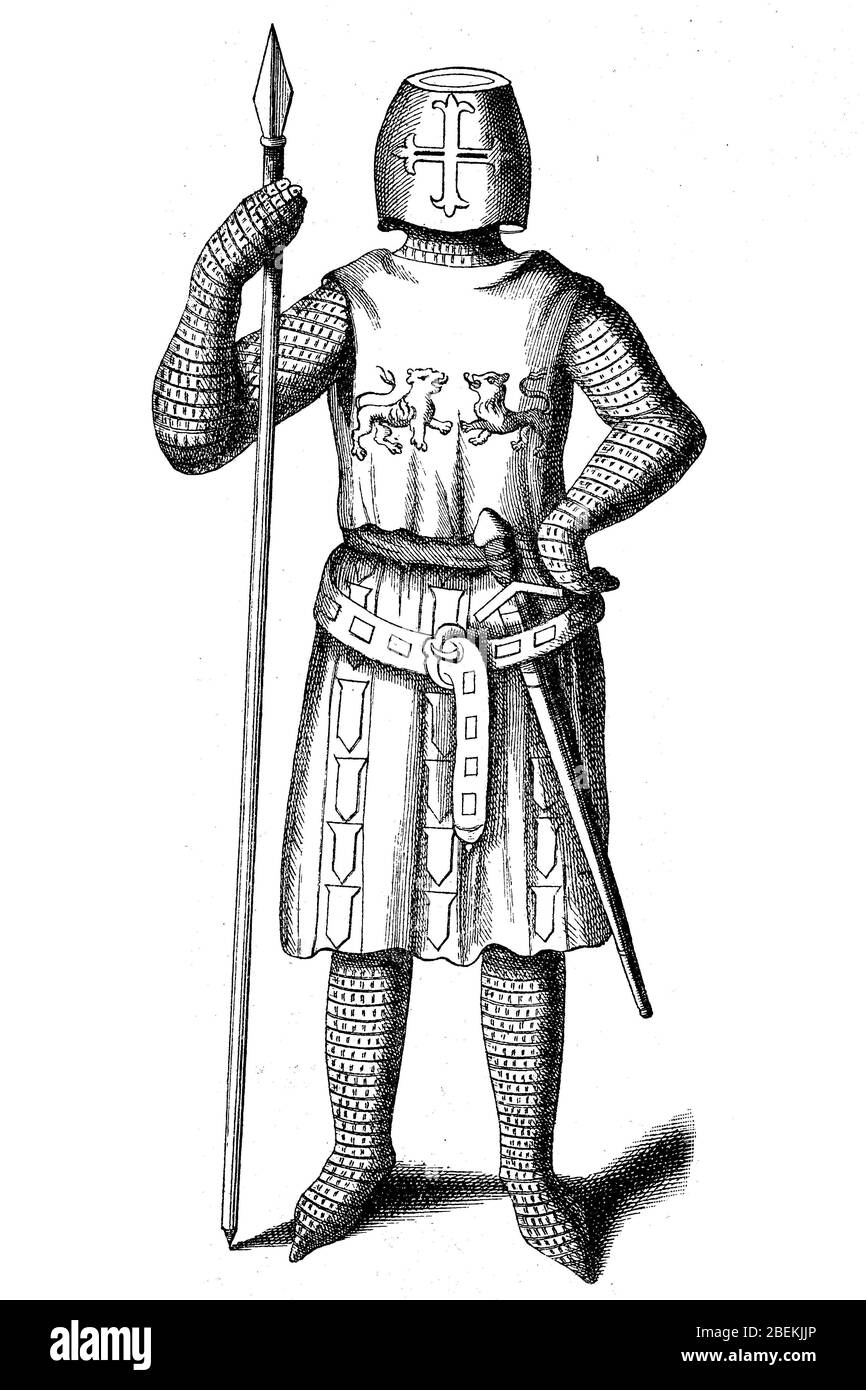 Cavaliere francese alla fine del 13 ° secolo, Francia / Französischer Ritter gegen Ende des 13. Jahrhunderts, Frankreich, Historisch, riproduzione digitale migliorata di un originale del 19 ° secolo / digitale Reproduktion einer Originalvorlage aus dem 19. Jahrhundert Foto Stock