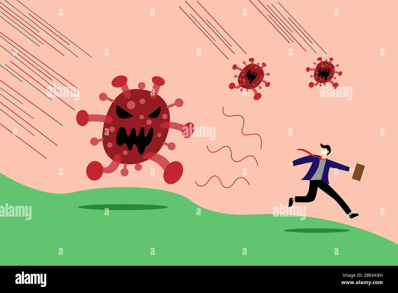 Uomo d'affari scappare da malattia patogena del virus COVID-19, rischio o pericolo nel concetto di crisi del virus. Illustrazione Vettoriale