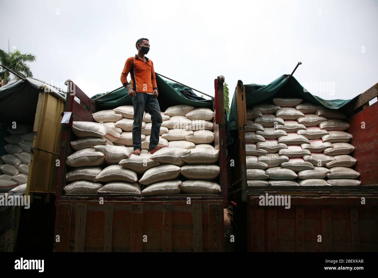 Lo stock di riso al mercato principale del riso di Cipinang, Jakarta orientale, Indonesia, è attualmente sicuro malgrado le restrizioni sociali su vasta scala (PSBB) a Jakarta, a Idul Fitri, Lunedi (4/13/2020). Il governo provinciale della Regione capitale Speciale di Giacarta garantisce che le scorte alimentari saranno sicure durante l'attuazione delle restrizioni sociali su larga scala (PSBB) a Giacarta, iniziata lo scorso venerdì (10/4/2020). Le scorte di riso esistenti a Bulog, alla stazione alimentare PT Tjipinang Jaya e al mercato principale del riso Cipinang hanno raggiunto le 254,891 tonnellate. La disponibilità di riso può soddisfare le esigenze dei residenti di Giacarta per il Foto Stock