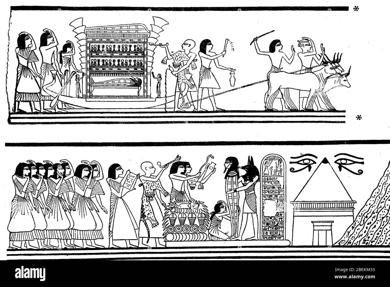 Processione funeraria cerimoniale, servizio funerale nell'antico Egitto / Feierlicher Leichenzug, Totendienst im alten Ägypten, Historisch, riproduzione digitale migliorata di un originale del 19 ° secolo / digitale Reproduktion einer Originalvorlage aus dem 19. Jahrhundert Foto Stock
