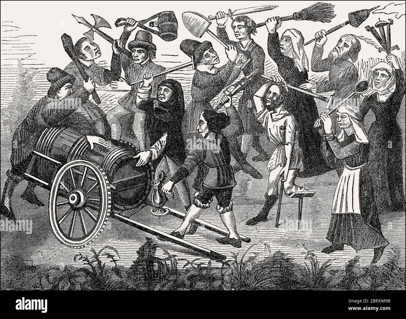 Battaglia di mendicanti e contadini che combattono intorno ad un barile di vino, Parigi, Francia, 15 ° secolo Foto Stock