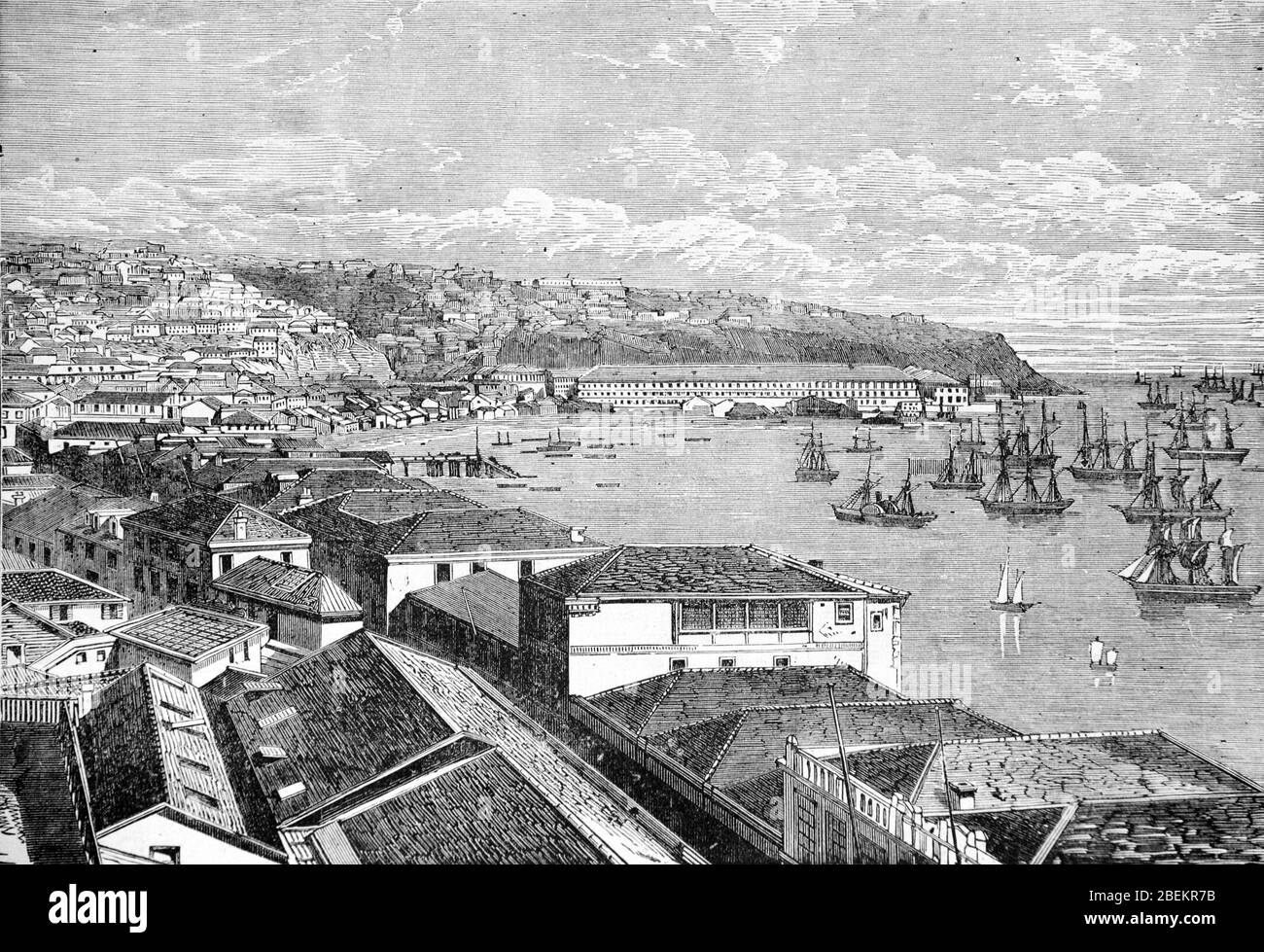 Vista sul porto o porto di Valparaiso Cile nel tardo XIX secolo. Vintage o Old Illustration o Engraving 1887 Foto Stock